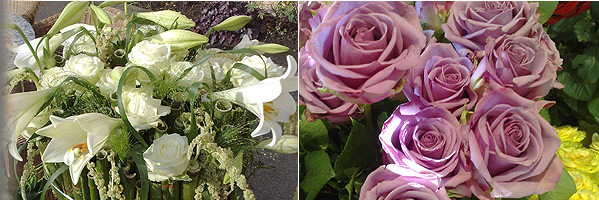 linkes Bild: Strauss weiß und grün mit Longiflorum Lilien & weißen Rosen; rechtes Bild: Rose "Cool Water"