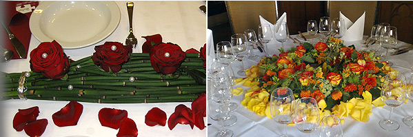 linkes Bild: Schatelhalmbündelung mit roten Rosen und Perlen; rechtes Bild: Tischkranz in orange und gelb