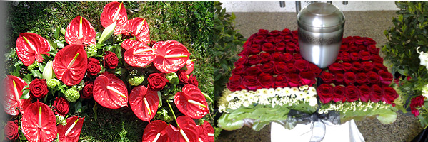 linkes Bild: übersteckter Kranz mit roten Anthurien; rechtes Bild: Urnenbuch aus roten Rosen